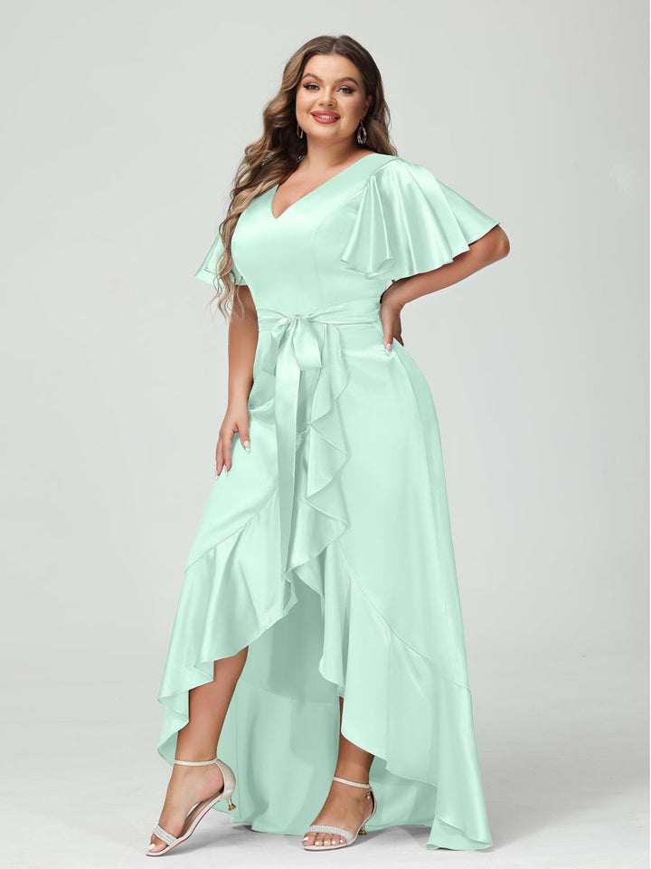 Sheath/Column V-Neck Short Sleeves Ruffles Asymmetrical Plus Size Dresses with Pockets &amp; Sash