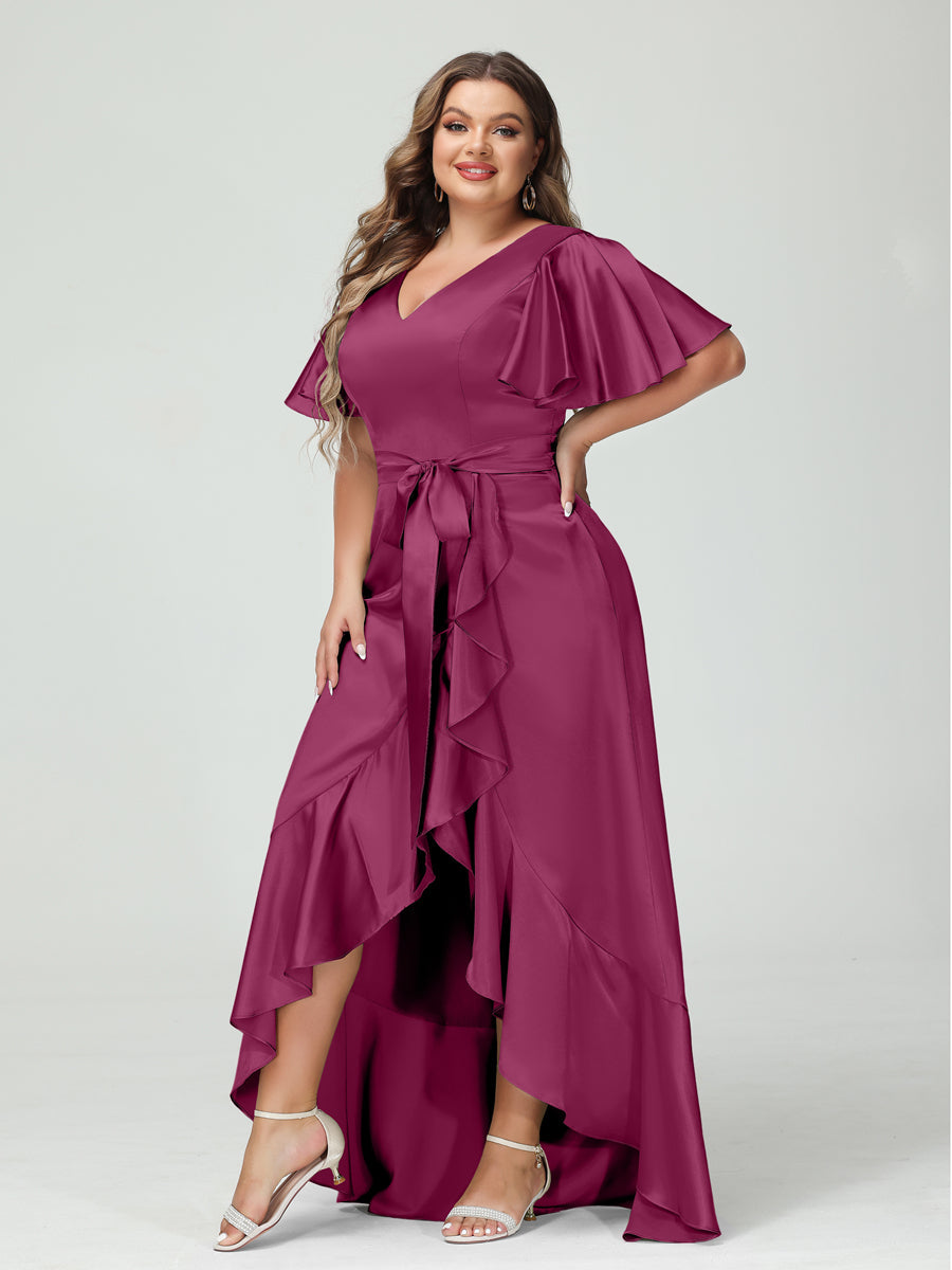 Sheath/Column V-Neck Short Sleeves Ruffles Asymmetrical Plus Size Dresses with Pockets &amp; Sash