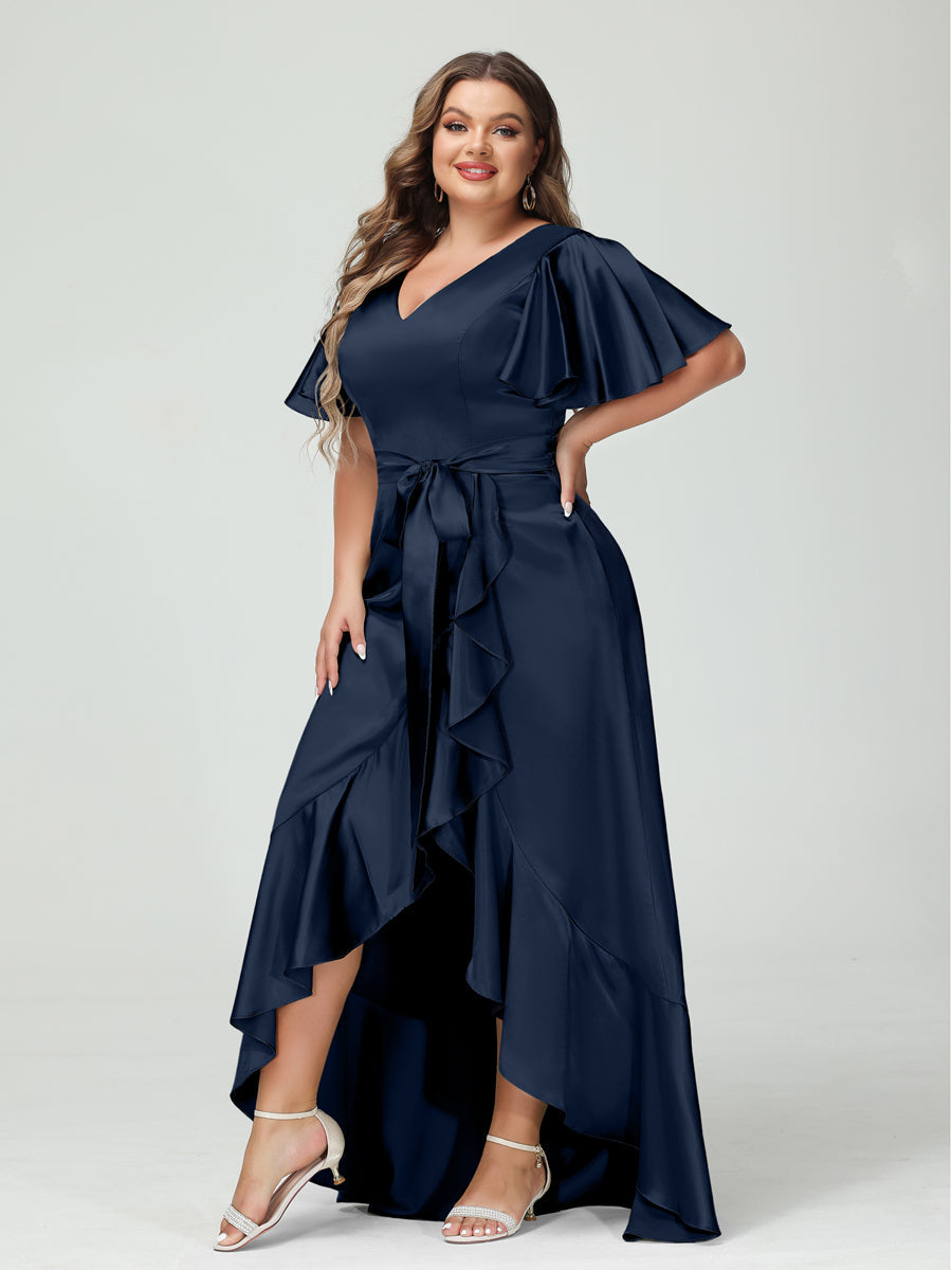 Sheath/Column V-Neck Short Sleeves Ruffles Asymmetrical Plus Size Dresses with Pockets &amp; Sash