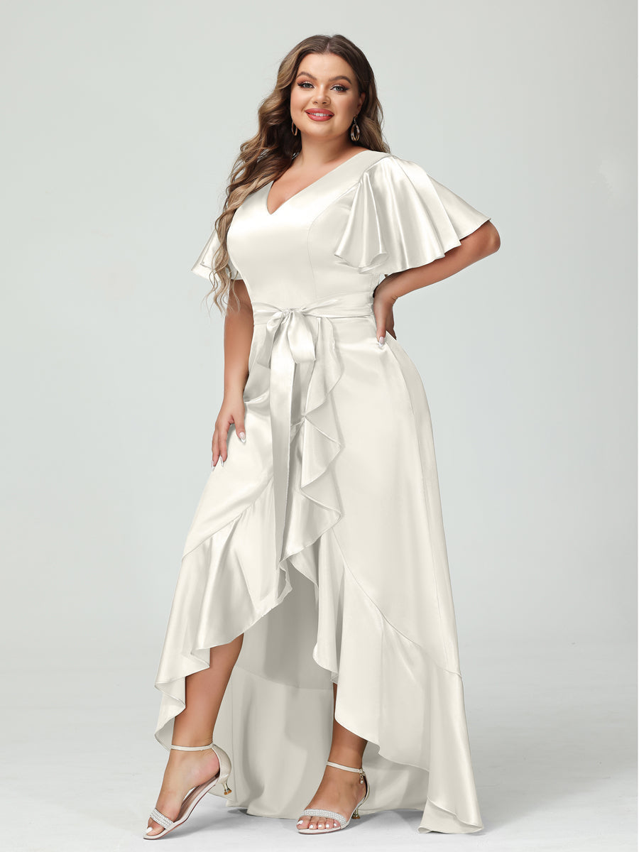 Sheath/Column V-Neck Short Sleeves Ruffles Asymmetrical Plus Size Dresses with Pockets &amp; Sash