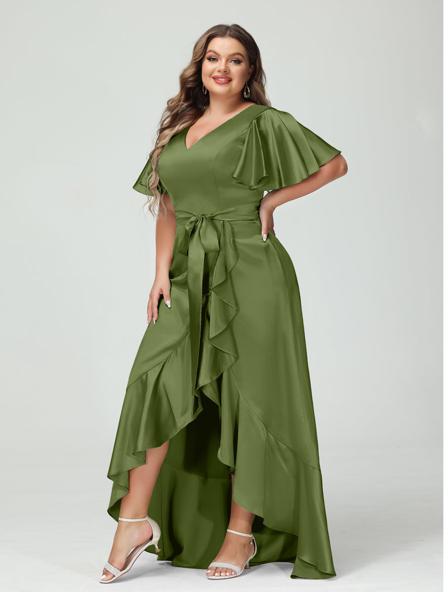 Sheath/Column V-Neck Short Sleeves Ruffles Asymmetrical Plus Size Dresses with Pockets &amp; Sash