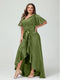 Sheath/Column V-Neck Short Sleeves Ruffles Asymmetrical Plus Size Dresses with Pockets & Sash