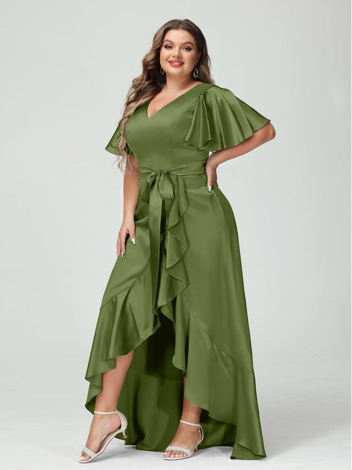Sheath/Column V-Neck Short Sleeves Ruffles Asymmetrical Plus Size Dresses with Pockets &amp; Sash