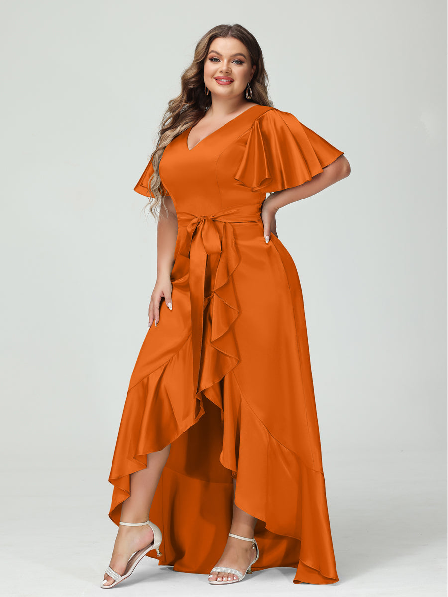Sheath/Column V-Neck Short Sleeves Ruffles Asymmetrical Plus Size Dresses with Pockets &amp; Sash