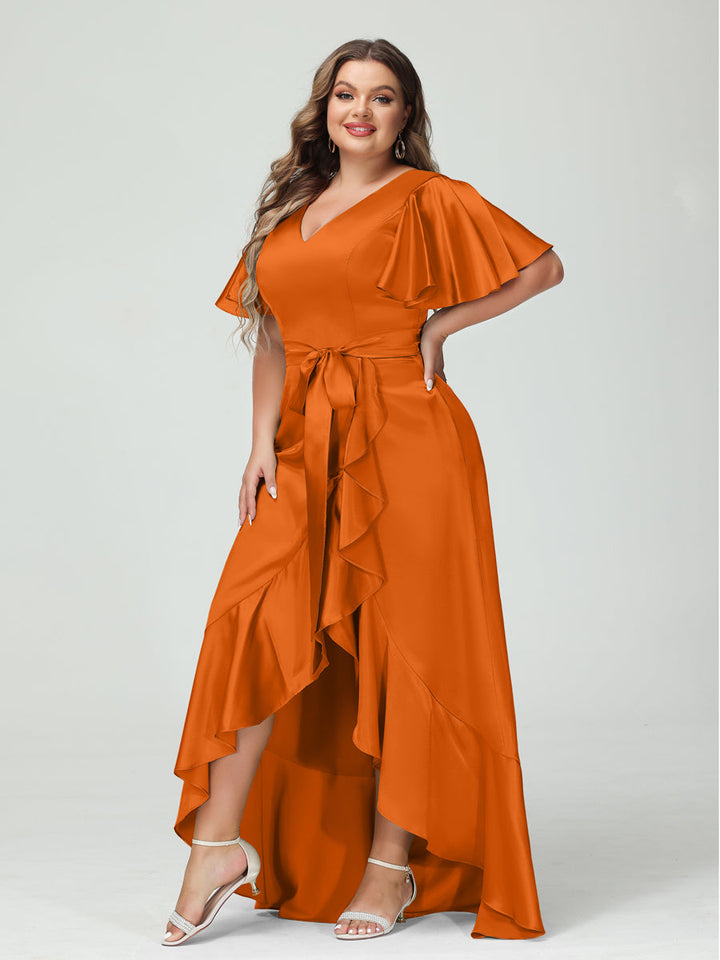 Sheath/Column V-Neck Short Sleeves Ruffles Asymmetrical Plus Size Dresses with Pockets &amp; Sash