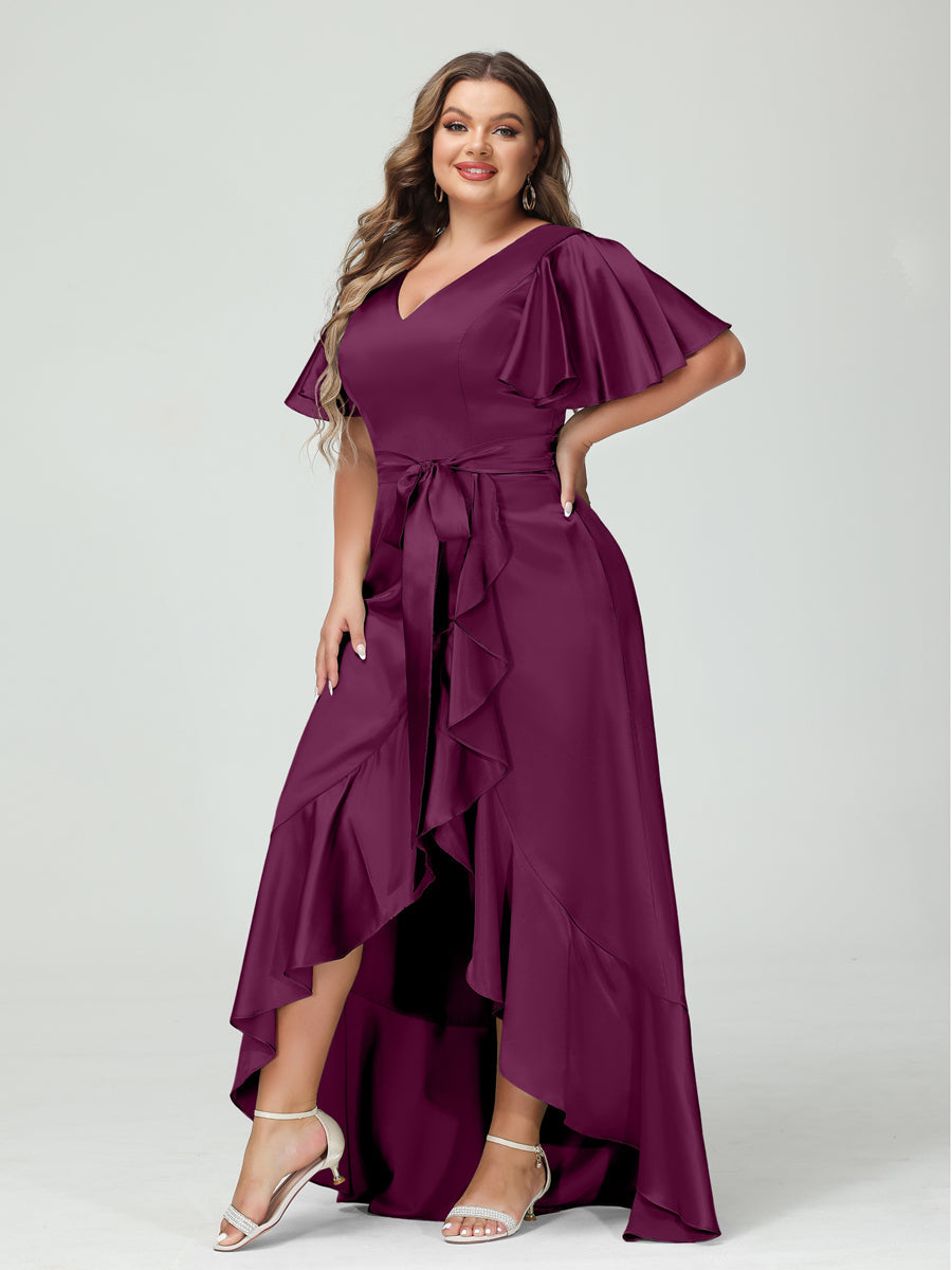 Sheath/Column V-Neck Short Sleeves Ruffles Asymmetrical Plus Size Dresses with Pockets &amp; Sash