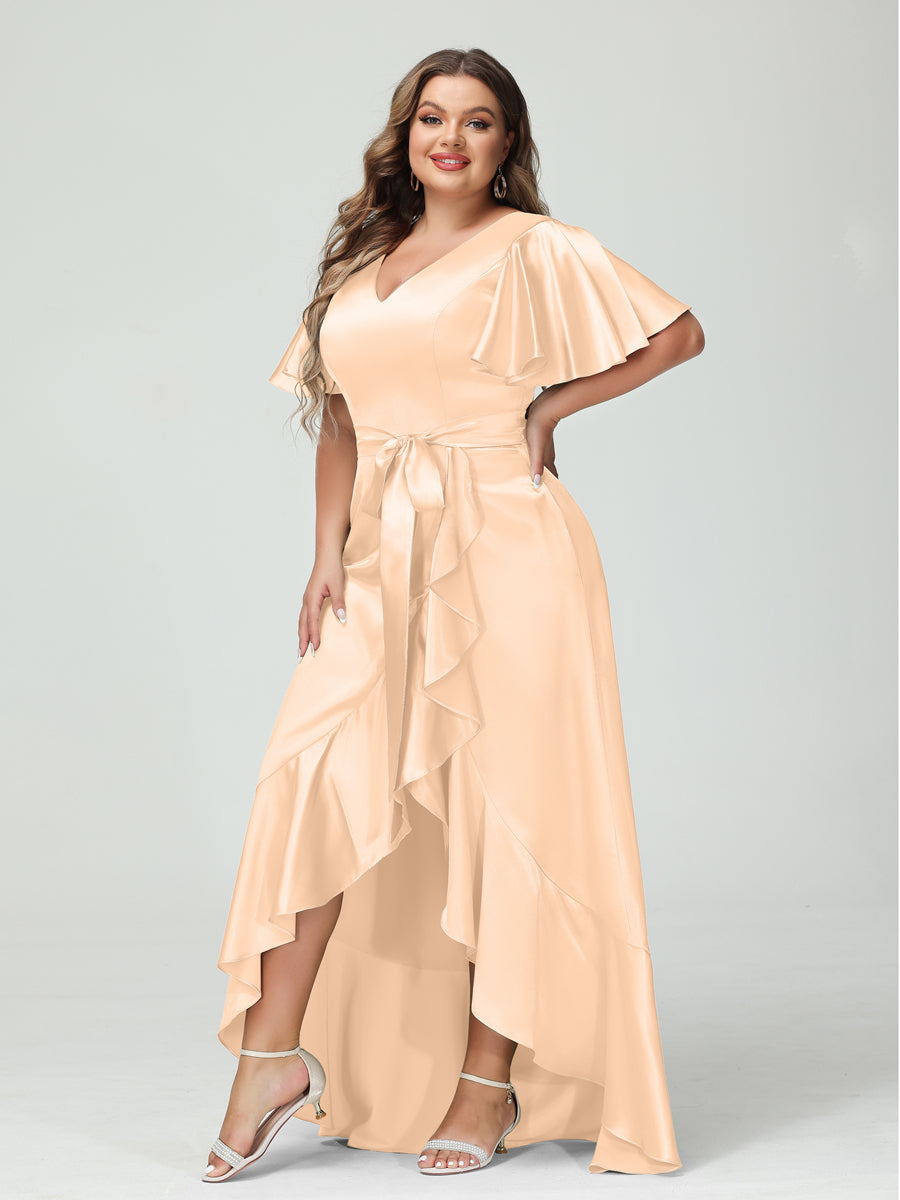 Sheath/Column V-Neck Short Sleeves Ruffles Asymmetrical Plus Size Dresses with Pockets &amp; Sash