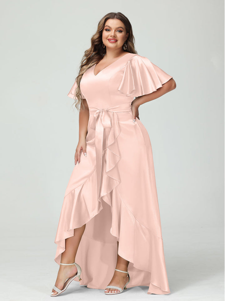 Sheath/Column V-Neck Short Sleeves Ruffles Asymmetrical Plus Size Dresses with Pockets &amp; Sash