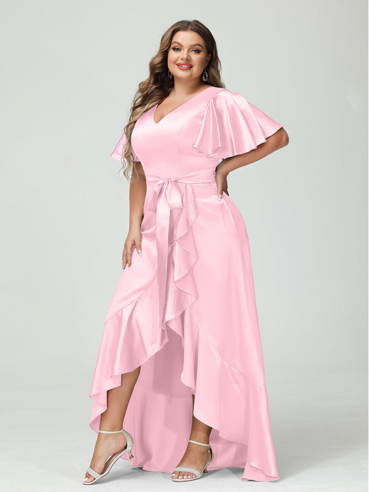 Sheath/Column V-Neck Short Sleeves Ruffles Asymmetrical Plus Size Dresses with Pockets &amp; Sash