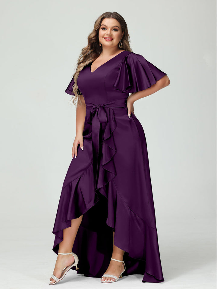 Sheath/Column V-Neck Short Sleeves Ruffles Asymmetrical Plus Size Dresses with Pockets &amp; Sash