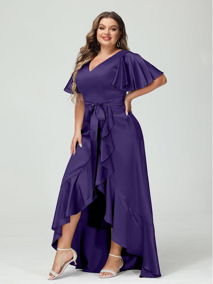 Sheath/Column V-Neck Short Sleeves Ruffles Asymmetrical Plus Size Dresses with Pockets &amp; Sash
