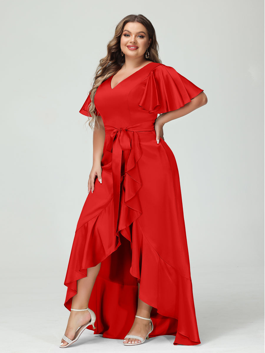 Sheath/Column V-Neck Short Sleeves Ruffles Asymmetrical Plus Size Dresses with Pockets &amp; Sash