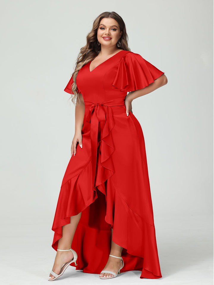 Sheath/Column V-Neck Short Sleeves Ruffles Asymmetrical Plus Size Dresses with Pockets &amp; Sash