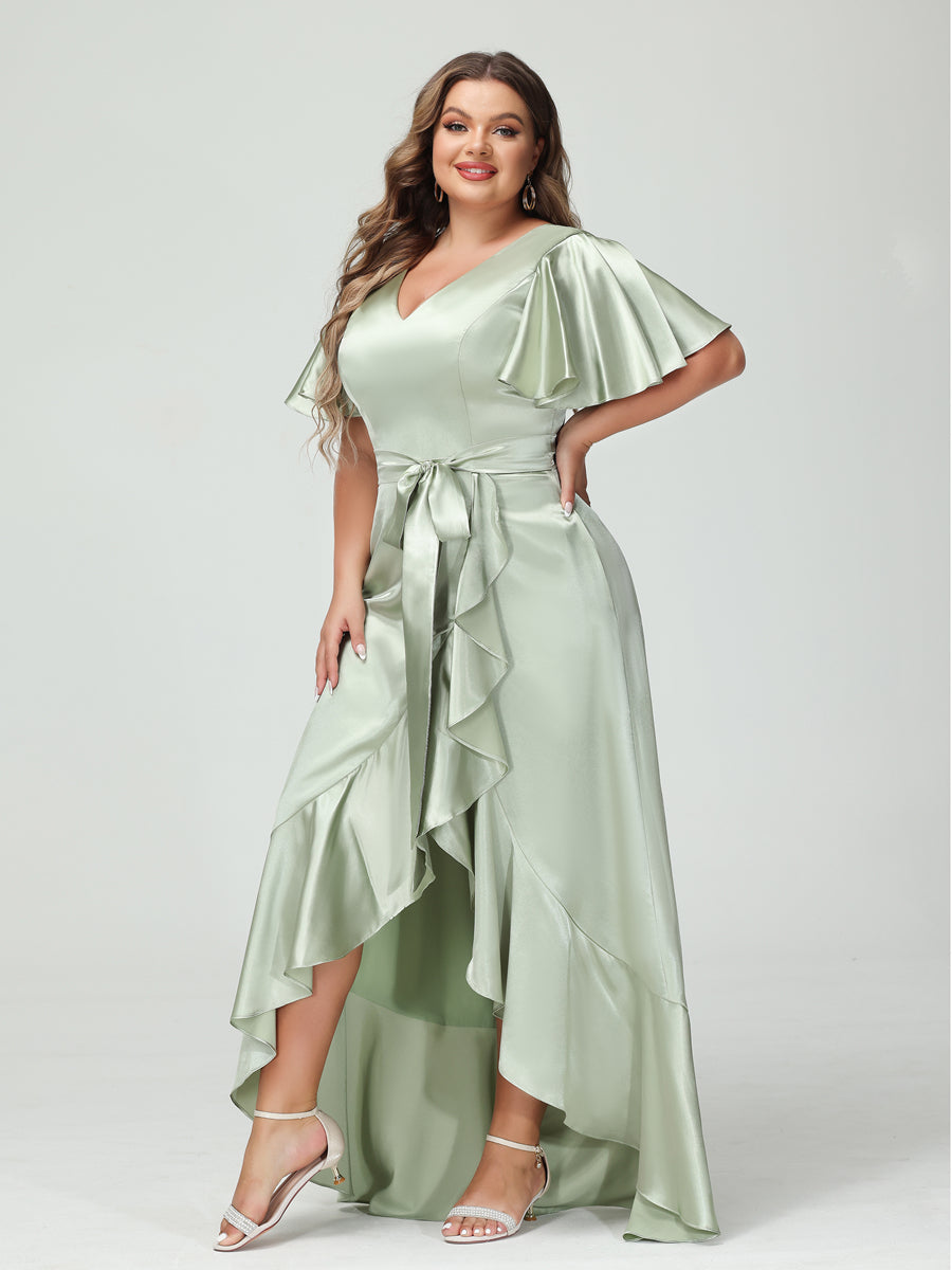 Sheath/Column V-Neck Short Sleeves Ruffles Asymmetrical Plus Size Dresses with Pockets &amp; Sash