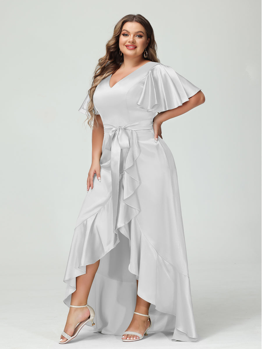 Sheath/Column V-Neck Short Sleeves Ruffles Asymmetrical Plus Size Dresses with Pockets &amp; Sash