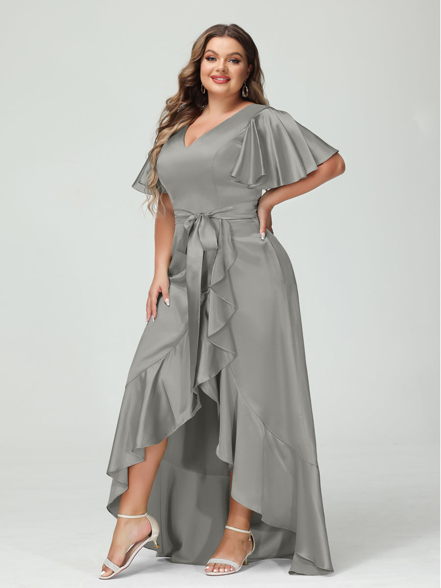 Sheath/Column V-Neck Short Sleeves Ruffles Asymmetrical Plus Size Dresses with Pockets &amp; Sash