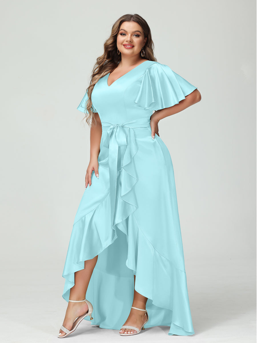 Sheath/Column V-Neck Short Sleeves Ruffles Asymmetrical Plus Size Dresses with Pockets &amp; Sash