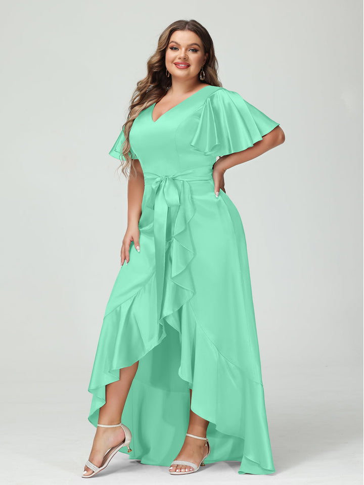 Sheath/Column V-Neck Short Sleeves Ruffles Asymmetrical Plus Size Dresses with Pockets &amp; Sash