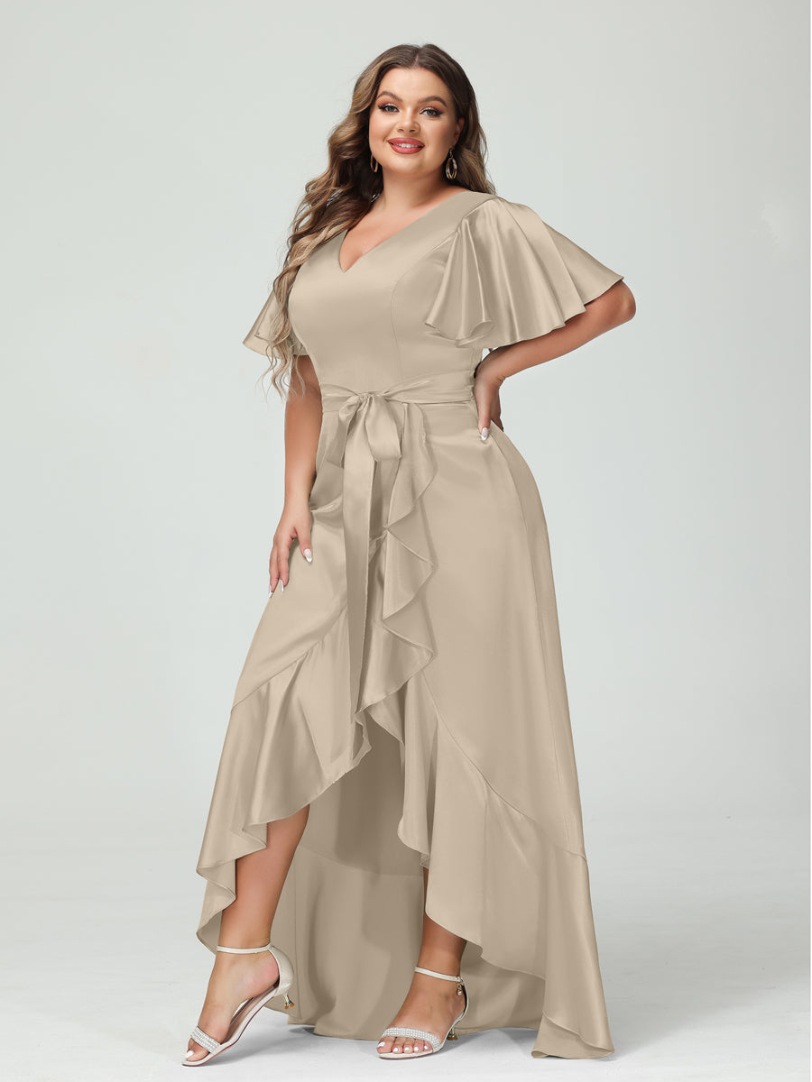 Sheath/Column V-Neck Short Sleeves Ruffles Asymmetrical Plus Size Dresses with Pockets &amp; Sash