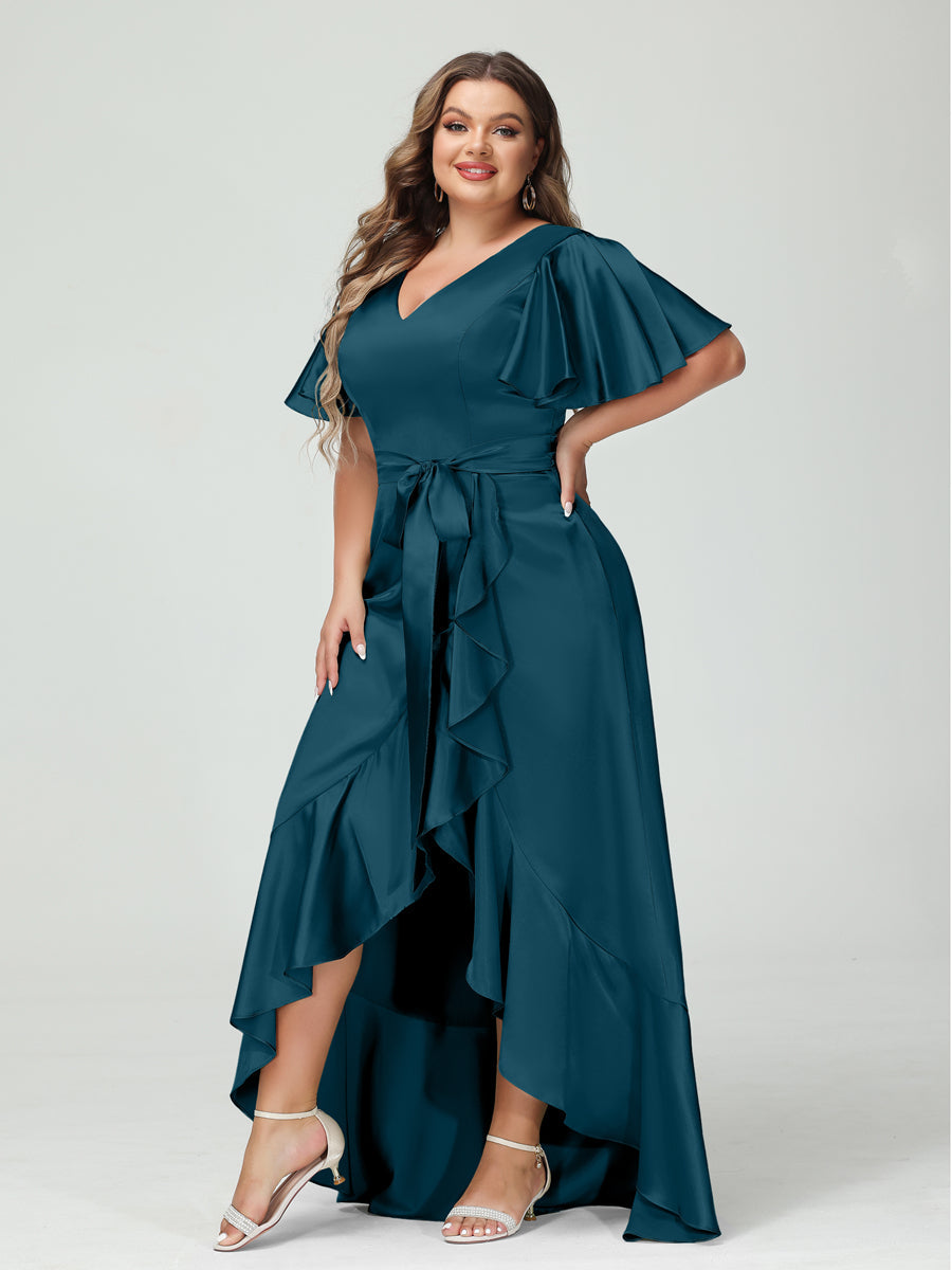Sheath/Column V-Neck Short Sleeves Ruffles Asymmetrical Plus Size Dresses with Pockets &amp; Sash