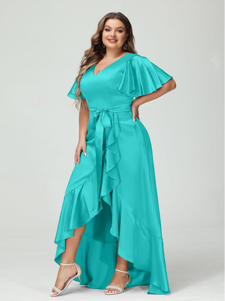 Sheath/Column V-Neck Short Sleeves Ruffles Asymmetrical Plus Size Dresses with Pockets &amp; Sash