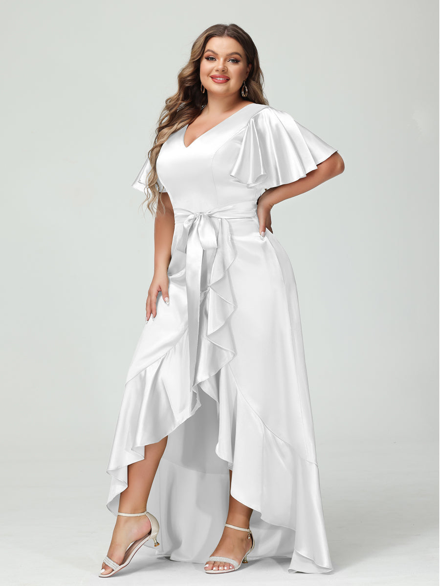 Sheath/Column V-Neck Short Sleeves Ruffles Asymmetrical Plus Size Dresses with Pockets &amp; Sash