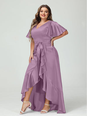 Sheath/Column V-Neck Short Sleeves Ruffles Asymmetrical Plus Size Dresses with Pockets & Sash