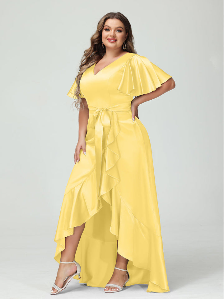 Sheath/Column V-Neck Short Sleeves Ruffles Asymmetrical Plus Size Dresses with Pockets &amp; Sash