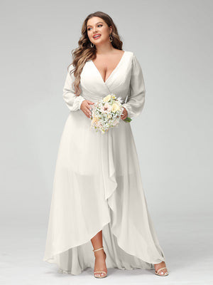 A-Line/Princess V-Neck Long Sleeves Chiffon Ruched Asymmetrical Plus Size Bridesmaid Dresses with Pockets