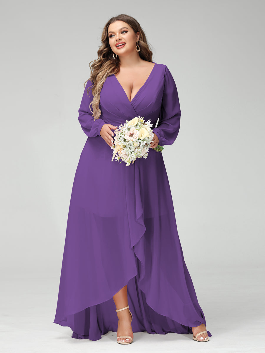 A-Line/Princess V-Neck Long Sleeves Chiffon Ruched Asymmetrical Plus Size Bridesmaid Dresses with Pockets