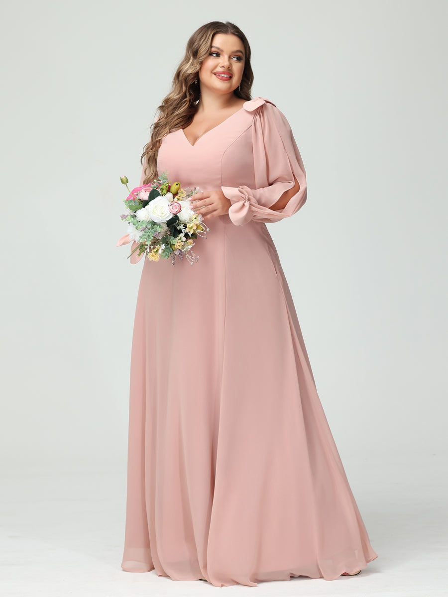 A-Line/Princess V-Neck Long Sleeves Chiffon Split Side Plus Size Bridesmaid Dresses with Pockets