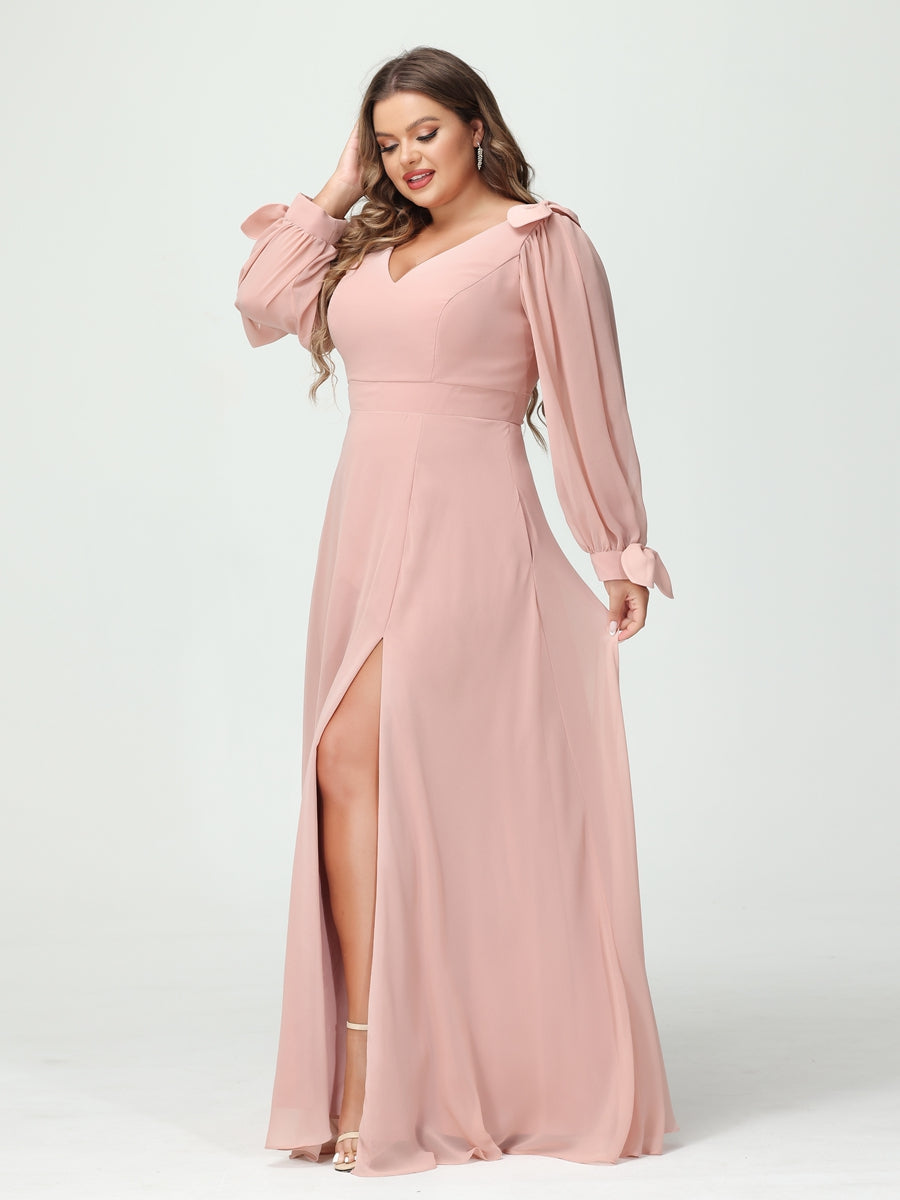 A-Line/Princess V-Neck Long Sleeves Chiffon Split Side Plus Size Bridesmaid Dresses with Pockets