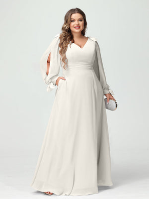 Lavetir Light Champagne A-Line/Princess V-Neck Long Sleeves Chiffon Split Side Plus Size Bridesmaid Dresses with Pockets 2026 Lavetir Light Champagne A-Line/Princess V-Neck Long Sleeves Chiffon Split Side Plus Size Bridesmaid Dresses with Pockets 2026