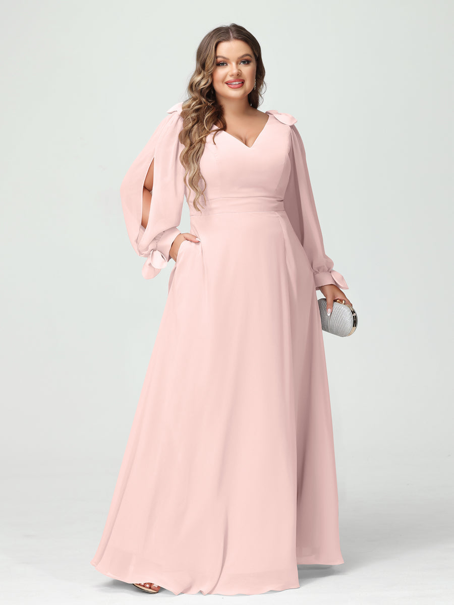 A-Line/Princess V-Neck Long Sleeves Chiffon Split Side Plus Size Bridesmaid Dresses with Pockets