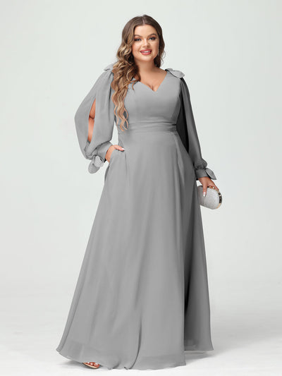 A-Line/Princess V-Neck Long Sleeves Chiffon Split Side Plus Size Bridesmaid Dresses with Pockets