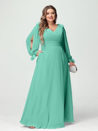 A-Line/Princess V-Neck Long Sleeves Chiffon Split Side Plus Size Bridesmaid Dresses with Pockets