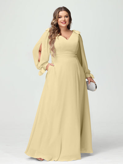 A-Line/Princess V-Neck Long Sleeves Chiffon Split Side Plus Size Bridesmaid Dresses with Pockets