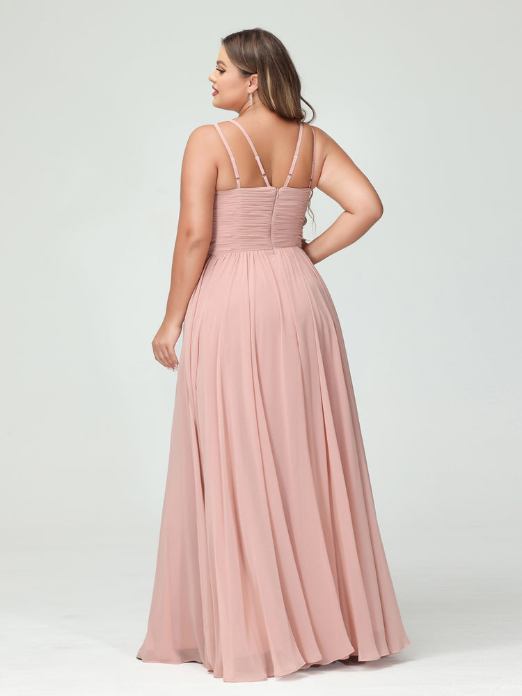 A-Line/Princess V-Neck Chiffon Ruched Plus Size Mother of the Bride Dresses with Appliques & Beading main image 1