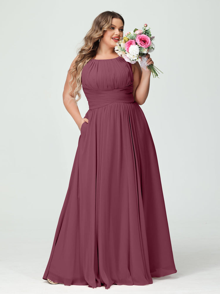 A-Line/Princess Criss Cross Floor-Length Chiffon Ruched Plus Size Bridesmaid Dresses with Split Side