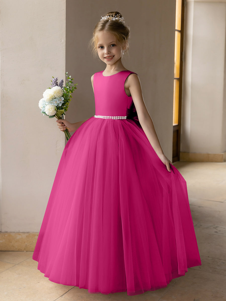 Tulle Ball Gown Princess Flower Girl Dresses With Pearls Satin Bowkn Lavetir