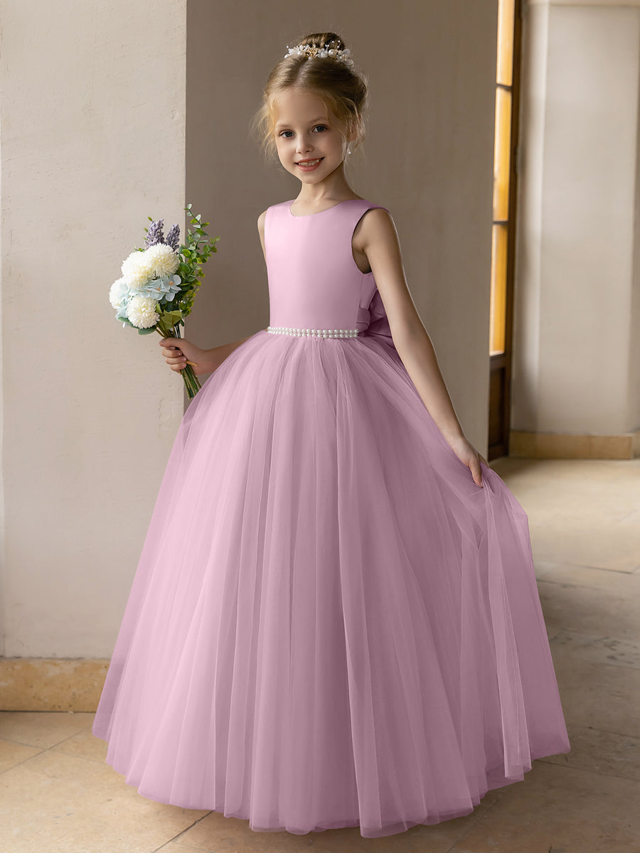 Tulle Ball Gown Princess Flower Girl Dresses With Pearls Satin