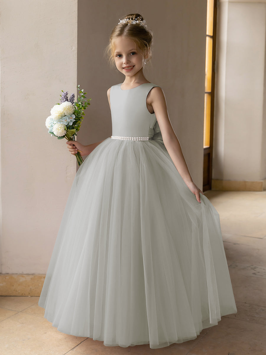 Lavetir Tulle Flower Girl Dresses for Wedding Party 2026 Ball Gown Dusty Pink with Pearls & Satin Bow-Knots Kids Princess
