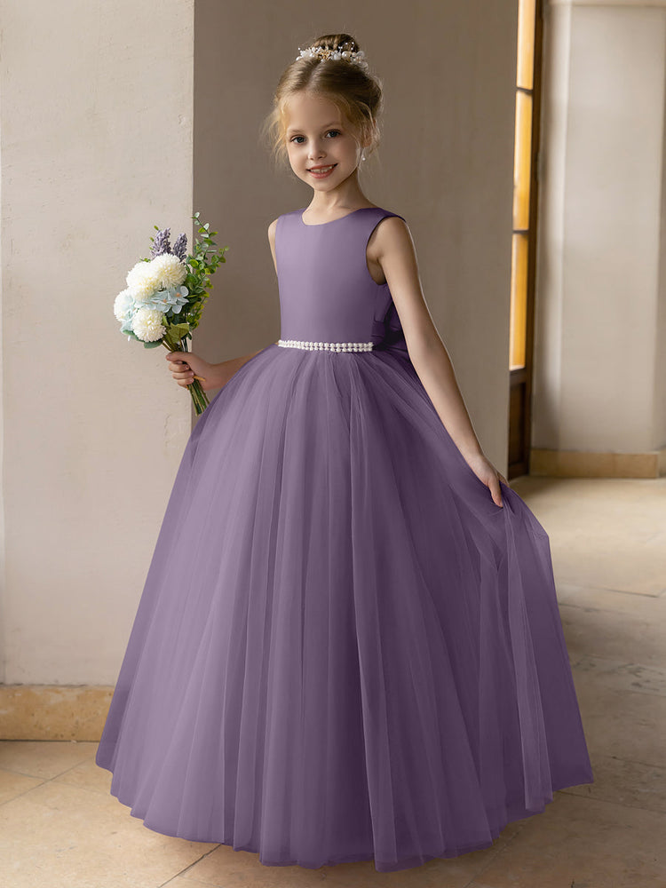 Lavetir 2025 Tulle Ball Gown Flower Girl Dresses Brown with Pearls Satin Bow Knots Kids Princess Wedding Party