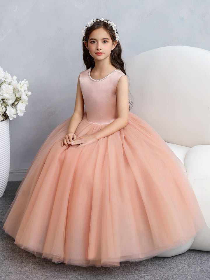 Crew Neck Tulle Flower Girl Dresses with Pearls &amp; Satin Bowknot