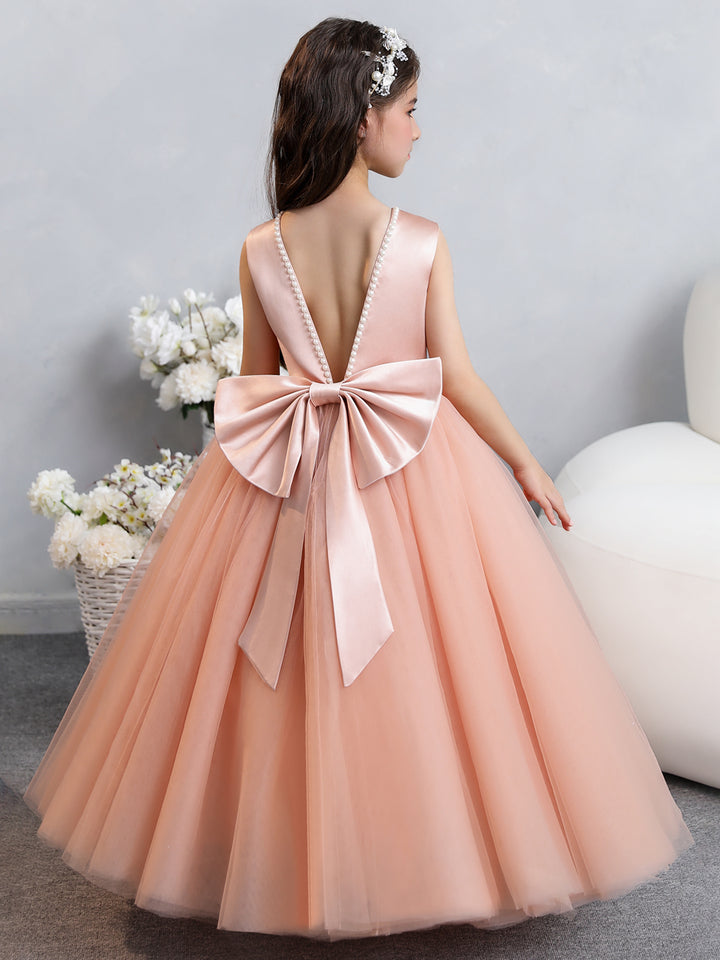 Crew Neck Tulle Flower Girl Dresses with Pearls &amp; Satin Bowknot