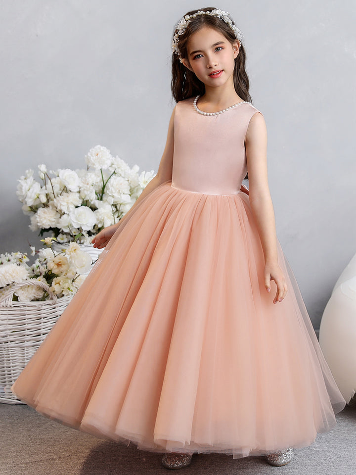 Crew Neck Tulle Flower Girl Dresses with Pearls &amp; Satin Bowknot
