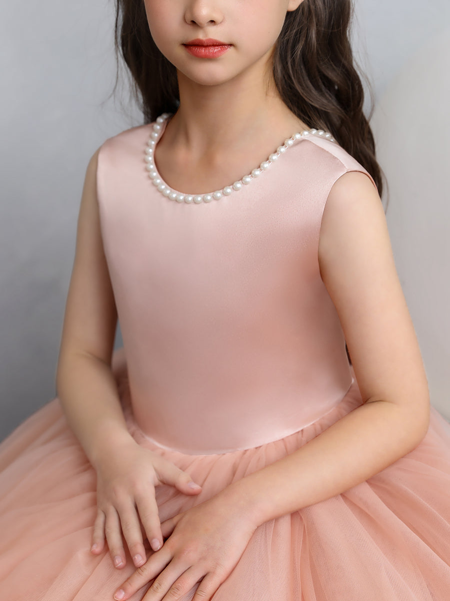 Crew Neck Tulle Flower Girl Dresses with Pearls &amp; Satin Bowknot