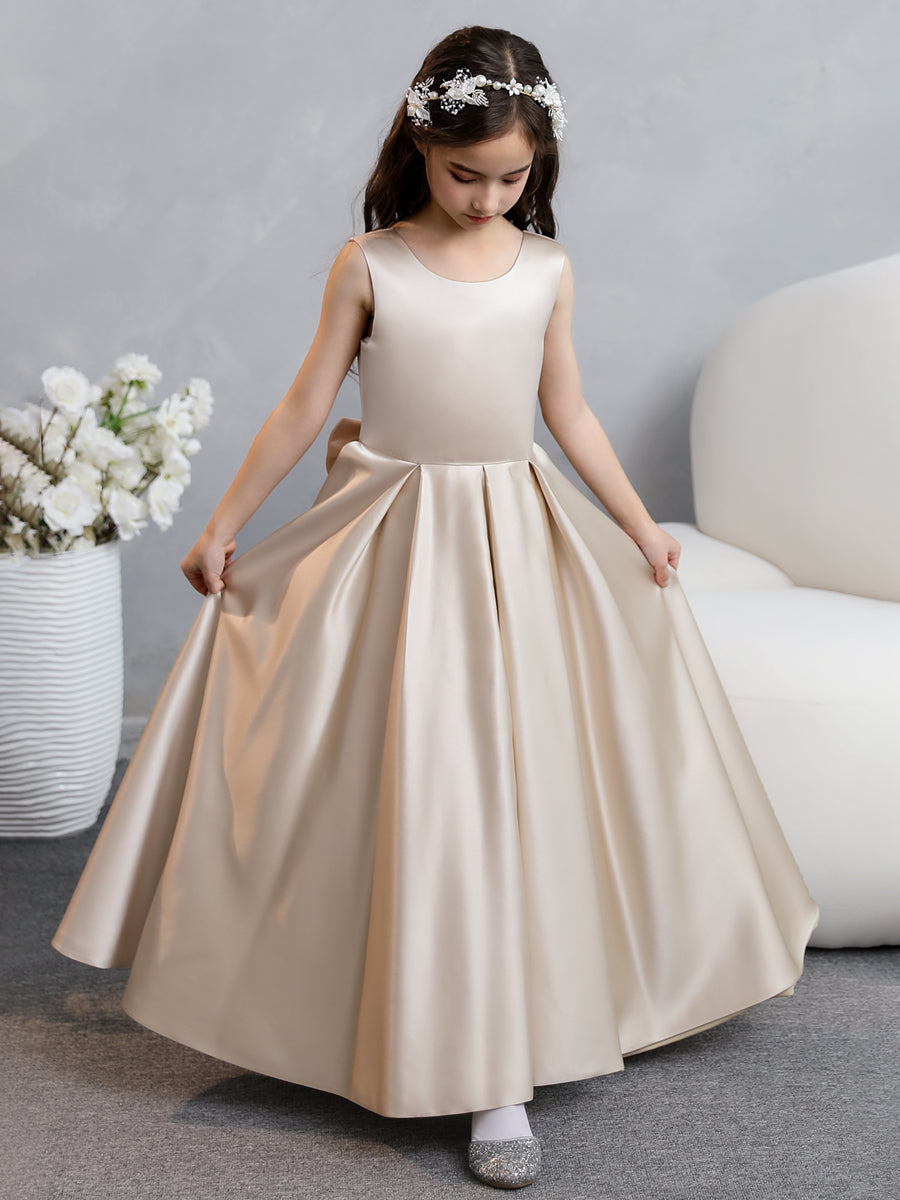 Crew Neck Satin Flower Girl Dresses with Bowknot