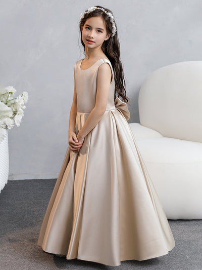 Crew Neck Satin Flower Girl Dresses with Bowknot