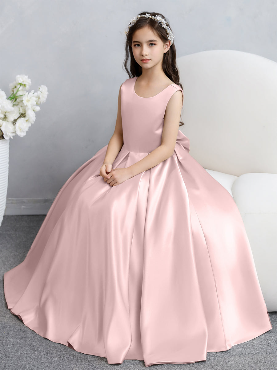 Crew Neck Satin Flower Girl Dresses with Bowknot